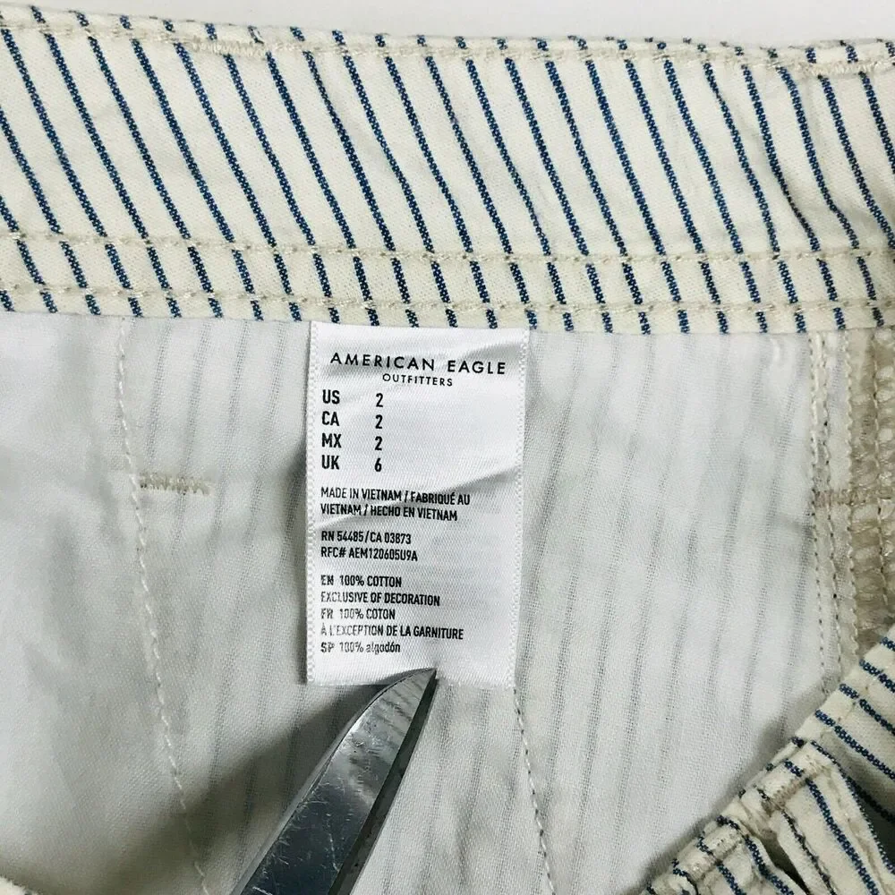 American Eagle Women's 2 Shorts White Blue Striped Hi-Rise Tie Waist Casual CE29